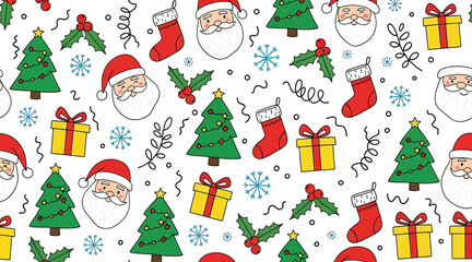 Christmas seamless pattern with santa claus, christmas tree, gift, stocking, holly and snowflake on hand drawn christmas pattern