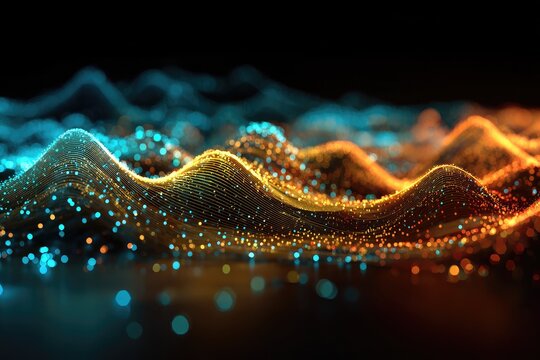 An abstract, digital landscape, wave-like, with glowing particles in varying shades of blue and orange