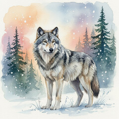 Obraz premium Watercolor art of a wolf in winter