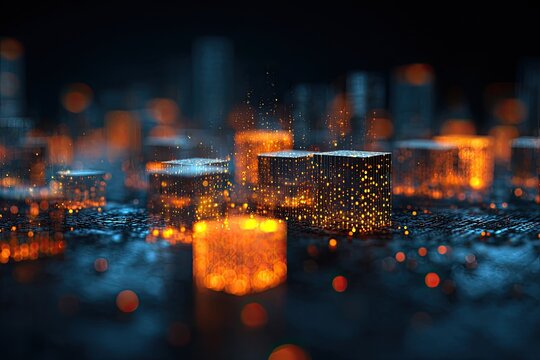 Abstract digital cityscape glows with orange light against a dark, blurred background