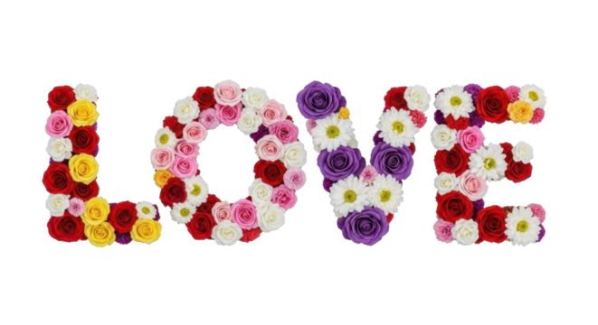 Floral Affection: The word LOVE is artfully composed from an assortment of colorful flowers, each petal a testament to the myriad facets of this profound emotion. A visual ode to affection.