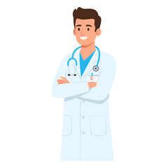 Doctor in white coat in cartoon flat syle against white background
