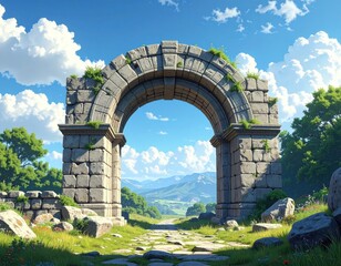 Fototapeta premium Ancient stone archway frames a scenic view of mountains and sky