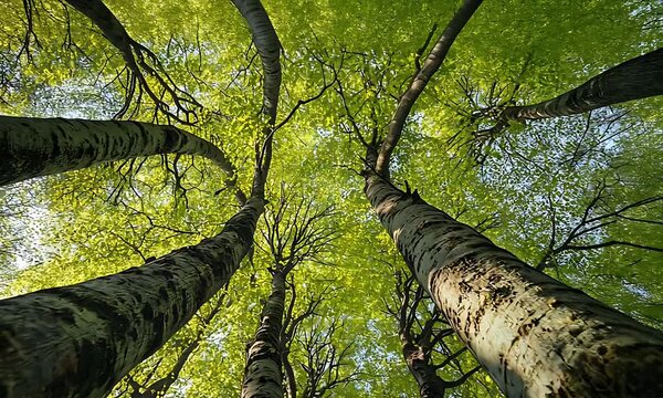 Cinematic aerial footage showing tall forest trees with bright sunlight,generative ai