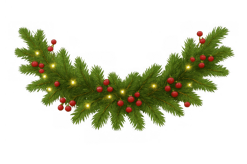 Christmas garland decoration with pine branches, red ornaments, and glowing string lights on transparent background