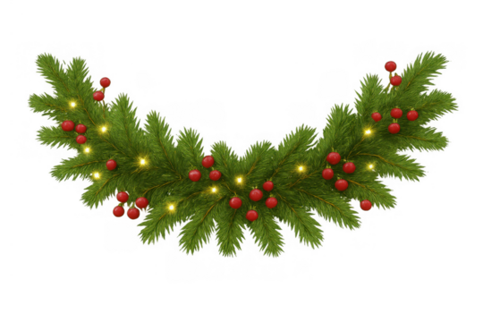 Christmas garland decoration with pine branches, red ornaments, and glowing string lights on transparent background