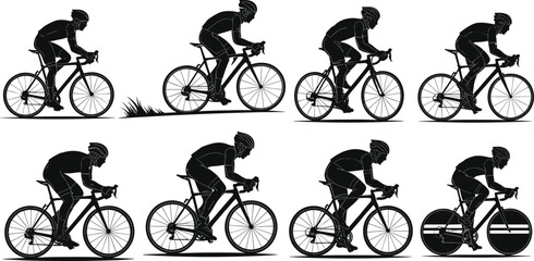 Cyclist silhouette illustrations, black and white vector art of road bike motion, posture variations, and aerodynamic racing styles