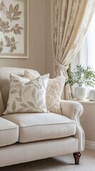 Fototapeta premium relaxing cottage corner, soft beige loveseat, crochet pillow, embroidered curtain, framed panel with leaf motif, warm soft light