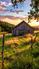 Rustic Barn at Sunset - A Serene Countryside Scene.