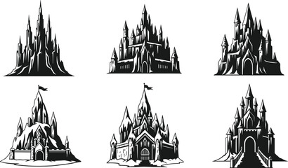Fantasy castle silhouettes, medieval architecture, snow-covered design, vector illustration, CAD drawing, flat style, black icons, magical theme, graphic art, storytelling