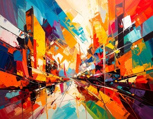 Obraz premium Vibrant Urban Abstraction A Dynamic Canvas of City Life, where Fragmented Architecture and Bold Colors Fuse to Capture the Energetic Pulse of a Modern Metropolis