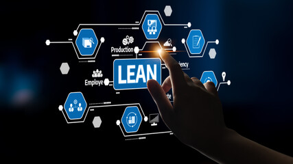 A person hand interacts with a digital interface showcasing lean management concepts, emphasizing...