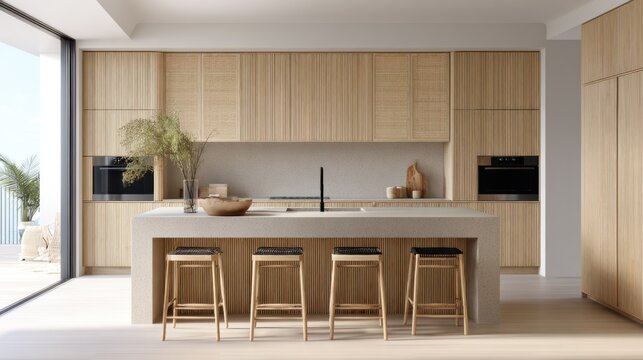 tropical minimal kitchen, handleless sand microcement fronts with woven rattan slat accents, terrazzo waterfall island, matte black tap, daylight