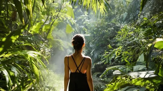 Back view of a person in a black strappy top walking into a dense tropical jungle, sunlight filtering through lush green leaves.