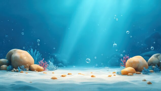 Underwater scene with light rays, stones, and coral