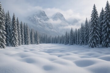 Fototapeta premium Snow-covered winter forest and mountain landscape with tall pine trees under cloudy sky in frosty wilderness scene. Ai generative. Ai generative