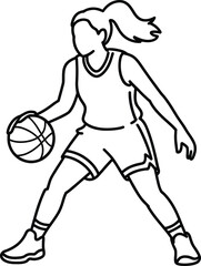 Fototapeta premium Outline illustration of a female basketball player dribbling a ball