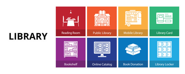 Library Glyph Solid Banner Web Icon Set Vector Illustration