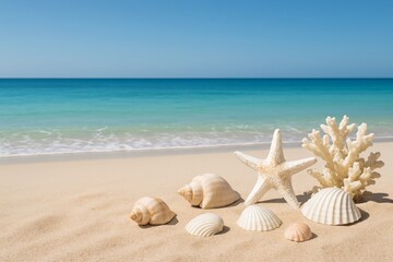 Assorted seashells, starfish, and coral on sandy beach with turquoise ocean and clear sky in summer holiday tropical seascape landscape concept image. Ai generative