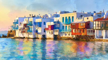 Obraz premium watercolor style illustration, elegant soft pastel colors, Cityscape of Myconos, Greek island, attractive touristic advertisement poster, beautiful touristic must-see destination. Beautiful tourist de