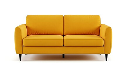 Fototapeta premium Modern mustard yellow two seater sofa with black legs on white background