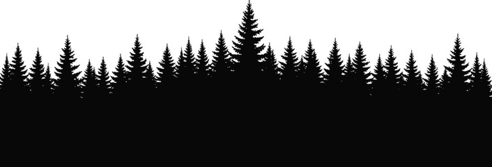 Symmetrical pine forest silhouette, black and white nature vector art, coniferous tree landscape with central peak and jagged skyline © MstLovely