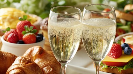 Two flutes of sparkling wine sit among a vibrant spread of fruits and pastries, creating an inviting and festive atmosphere.