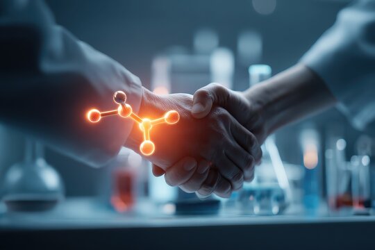 Hands Shaking with Molecular Structure Overlaid in Scientific Laboratory Setting