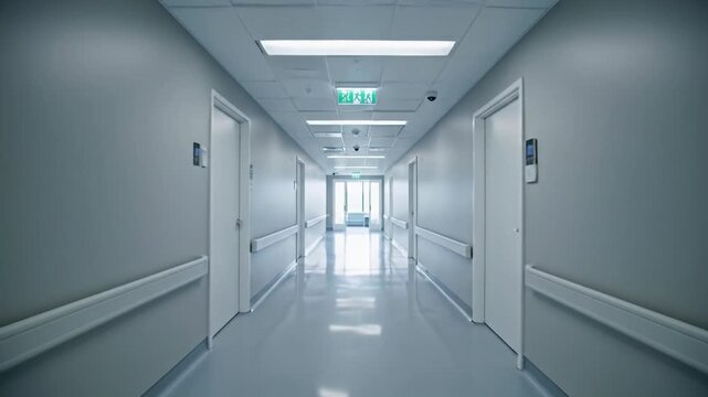Empty modern hospital corridor, light grey walls, polished floor, uniform LED lighting, white doors, tracking towards a sunlit room. Concept of clinical minimalism