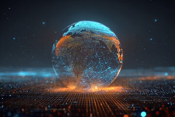 Digital earth globe illuminated, connecting lines, circuit board base, particles floating in darkness