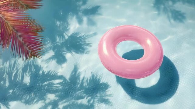 A pink inflatable pool ring floats in a sunny blue pool with palm tree shadows on the water.