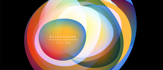 Abstract colorful layers create dynamic circular design. Bright gradients blend, forming modern background element. Text reads background design.