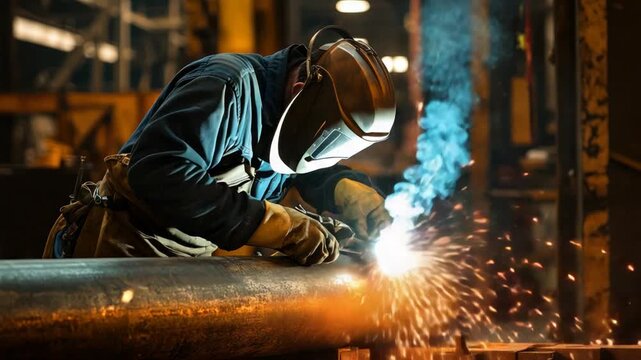 A welder in protective gear working on a large metal pipe in a factory.  Sparks and smoke billow from the welding process