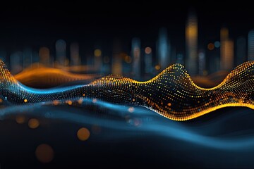 Abstract visualization with data waves, blurred city backdrop. Blue and orange tones on dark