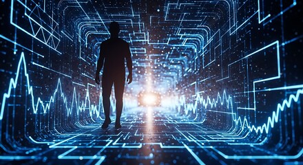 Futuristic humanoid robot walking through a glowing blue digital data tunnel with graphs