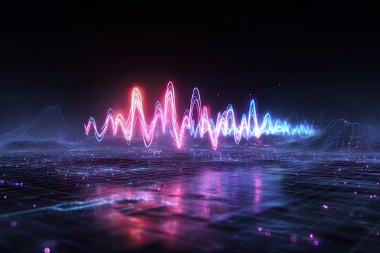 Vibrant neon soundwave pulsating, with wireframe terrain against a dark night sky backdrop