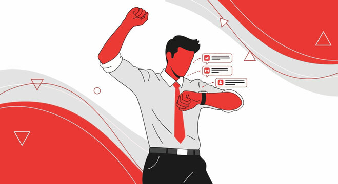 Excited Businessman Celebrates Success While Checking Smartwatch Notifications Efficiently