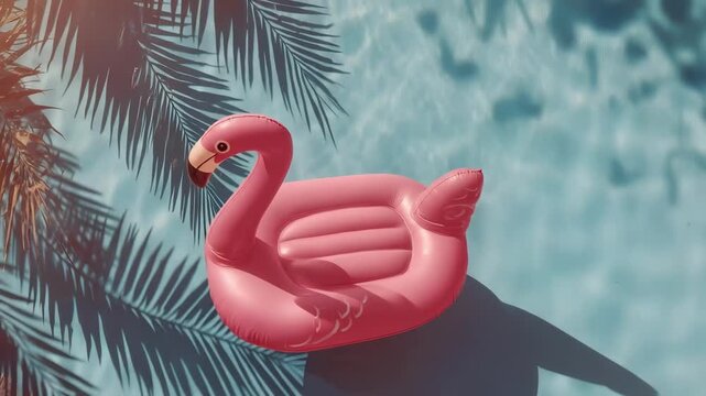 An inflatable pink flamingo pool float drifting on a blue pool with palm fronds overhead.