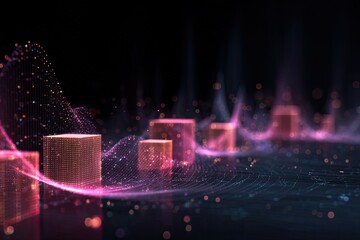Abstract illustration showing data visualization with glowing wave and cube-like structures