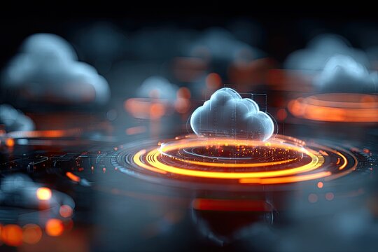 A futuristic, abstract depiction of digital clouds with orange light trails and dark background - Powered by Adobe