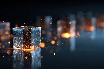 Abstract artistic rendering featuring translucent cubes lit with glowing internal particles