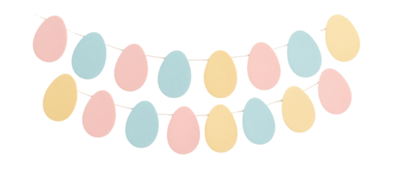 Pastel paper garland with egg cutouts, perfect for hanging in a living room window.