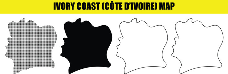 Hand made Ivory Coast map vector illustration featuring solid and outline versions for geographic and infographic design