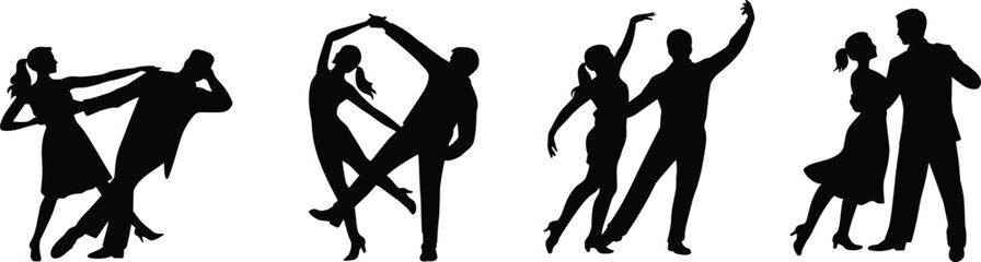 Silhouette of dancing couples performing ballroom and classical dance poses, romantic movement and elegance concept, black and white flat vector art illustration