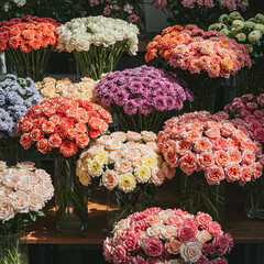 A collection of multiple colorful flower bouquets arranged neatly on a wooden table in a flower shop