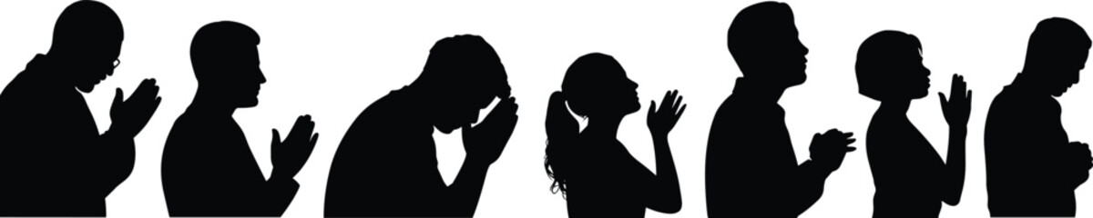 Silhouette of people praying with hands together, spiritual meditation and faith concept, black and white flat vector art drawing illustration