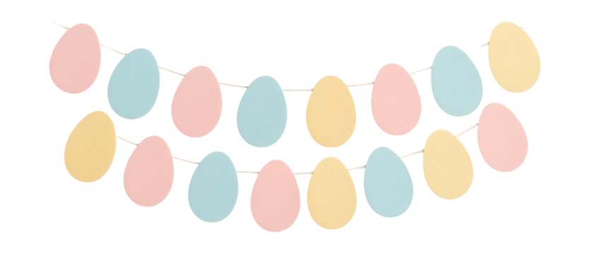 Pastel paper garland with egg cutouts, perfect for hanging in a living room window.