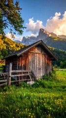 Rustic Barn in the Dolomites - A Serene Mountain Landscape.