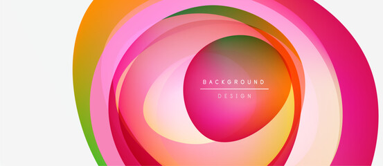 Abstract layers create vibrant circular design. Pink, orange, yellow hues blend, forming modern backdrop. Text reads background design.