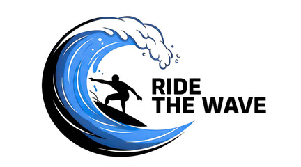 Silhouette surfer riding a powerful blue wave with white crest and the words ride the wave
